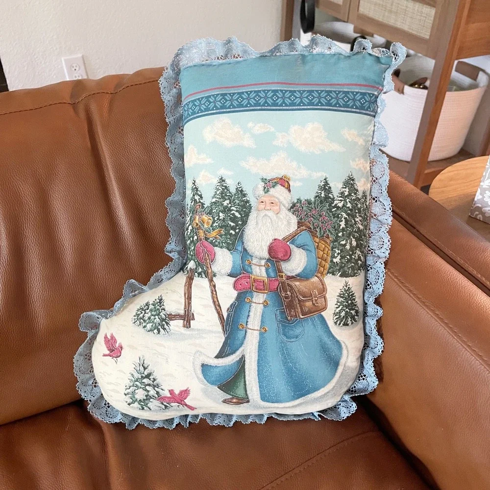 Vintage Victorian Blue Santa Stocking Decorative Pillow Lace Trim Double Sided